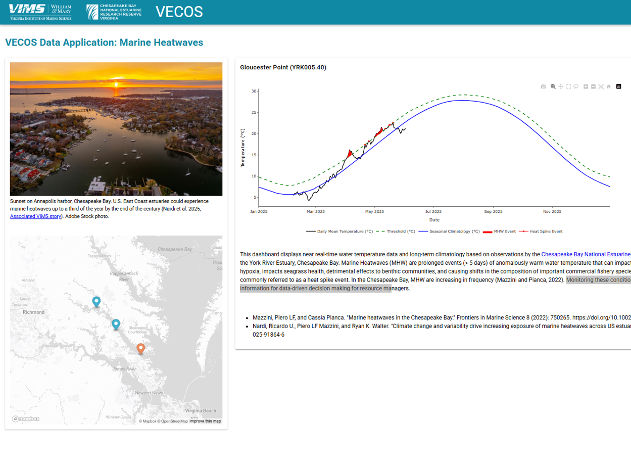Screenshot of the Marine Heatwaves data application found on the VECOS website