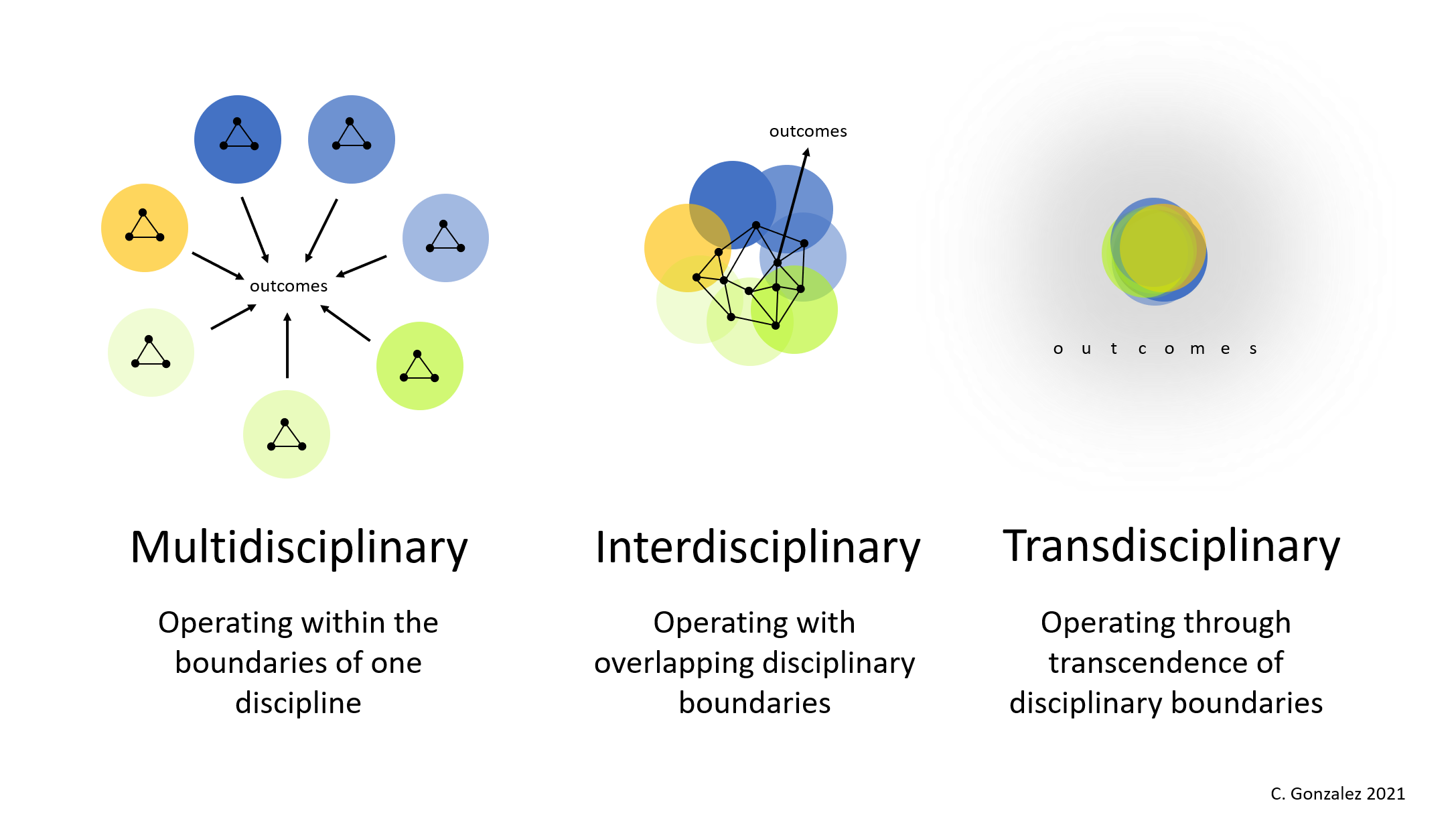 Figure 3. Collaborative strategies among disciplines; T&E aims for transdisciplinary methodologies and approaches.