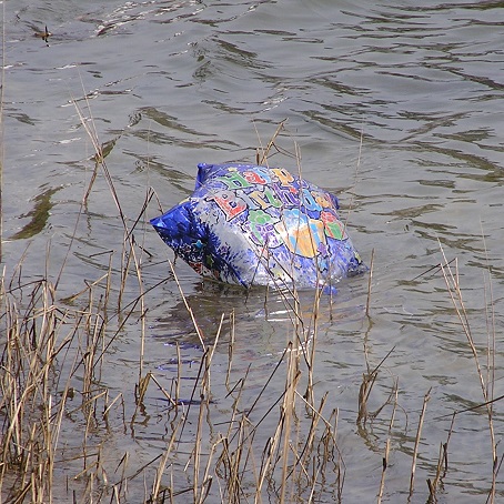 Deflated Mylar balloon floating in shallow water among marsh grass, illustrating marine debris.