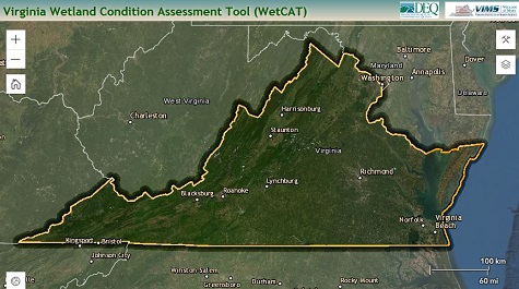 Map labeled “Virginia Wetland Condition Assessment Tool (WetCAT)” showing Virginia outlined with surrounding states and major cities.