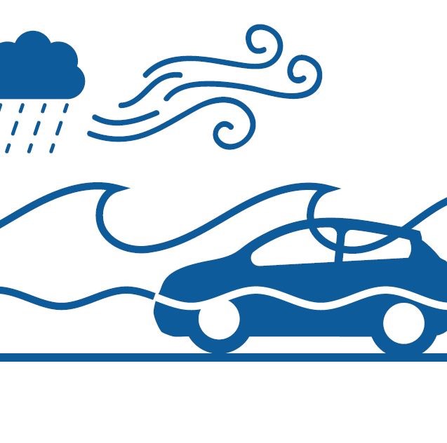 Graphic of a car partially submerged in water with waves, rain cloud, and wind symbols indicating flooding conditions.