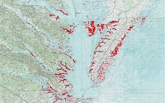 Map of the Chesapeake Bay region with red areas indicating locations of removed crab pots.