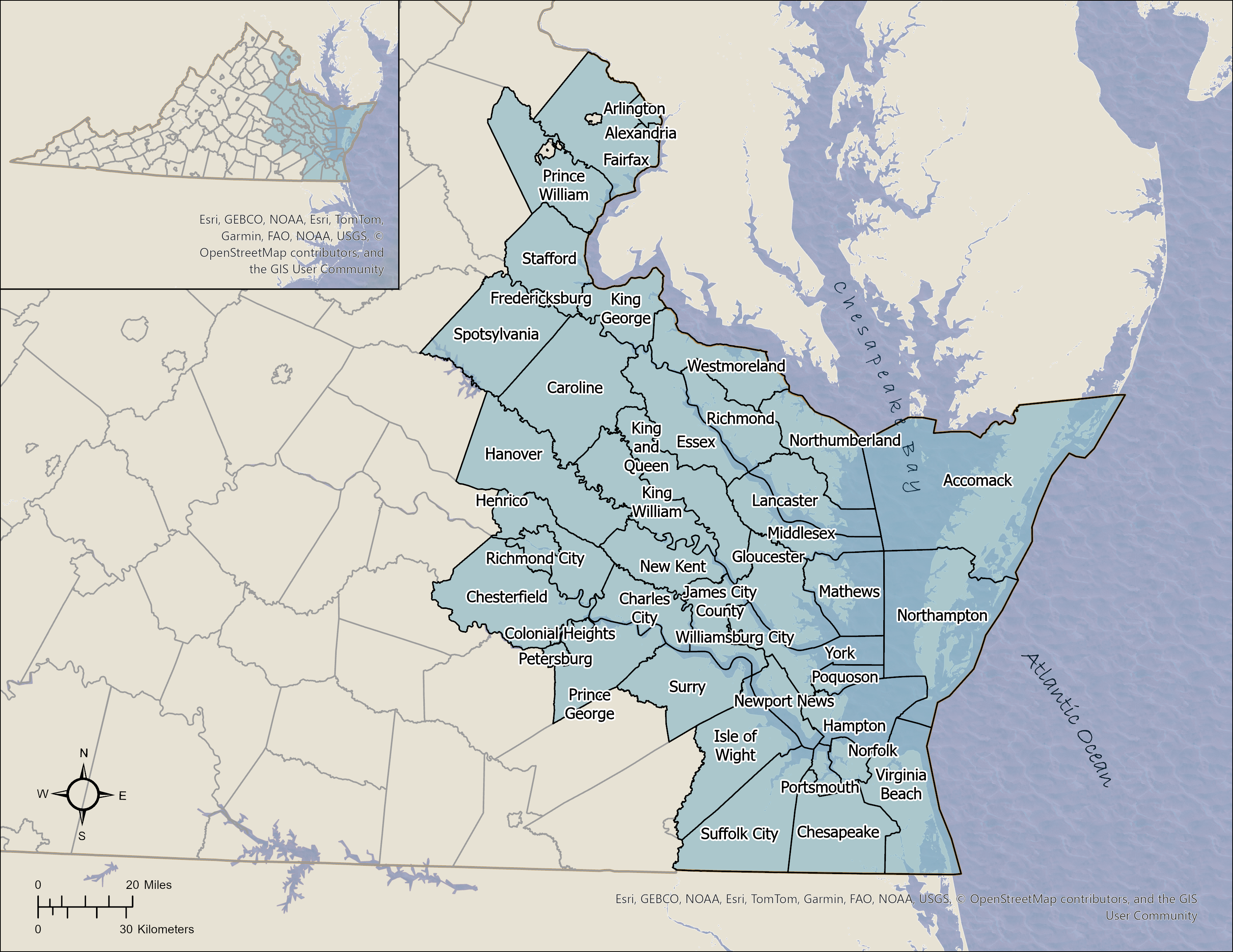 Map of Virginia’s coastal zone, with coastal counties and independent cities shaded light blue and outlined in black. The map spans Northern Virginia to the North Carolina border and includes the Chesapeake Bay, Eastern Shore, Hampton Roads, Richmond, and surrounding localities, with labels, a north arrow, and a 0–20 mile scale.