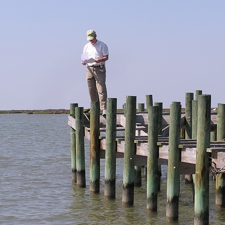 Man standing on a wooden pier over water reviewing paperwork, with rows of pilings extending into the water
