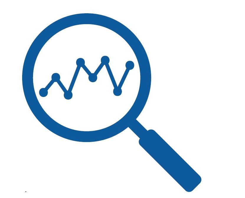 Blue icon of a magnifying glass over a line graph, representing research or analysis.