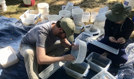 Two people sorting and measuring samples in containers on a tarp, with buckets and equipment around them.