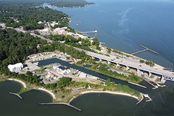 An aerial photo of the Batten School &amp; VIMS' Gloucester Point campus.