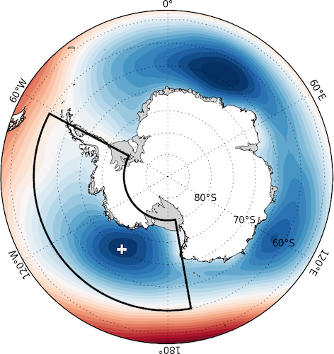 The team’s research indicates the decrease in sea ice and larval abundance along the Western Antarctic Peninsula is related to global warming through changes in the strength and location of a persistent low-pressure system known as the Amundsen Sea Low or ASL. Like the Aleutian Low that influences weather patterns in Alaska and the Pacific Northwest, the ASL strongly affects weather patterns in this area of the Southern Ocean. Long-term strengthening of the ASL creates unfavorable water temperatures for Antarctic Silverfish larvae. © Hosking, Scott & National Center for Atmospheric Research Staff.
