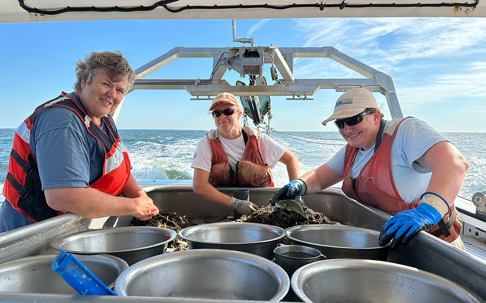 Marine Scientist Wendy Lowery (left) and Laboratory Specialists Aimee Comer (middle) and Katherine Nickerson (right) sorting fish on a recent leg of the trawl survey. Photo by Ethan Smith.