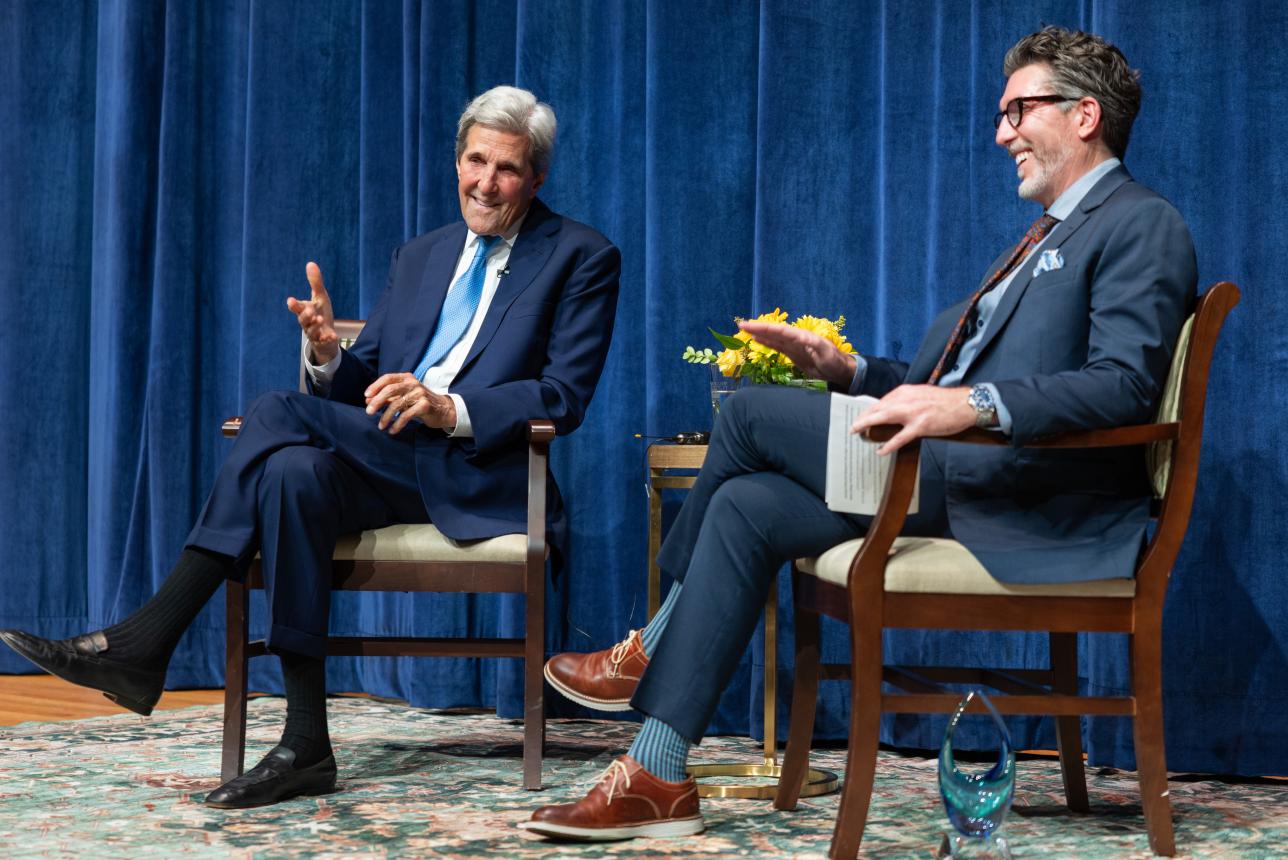 Secretary John F. Kerry in conversation with Dean and Director Derek Aday during a fireside chat with the William & Mary community. Photo by Katie Warner.