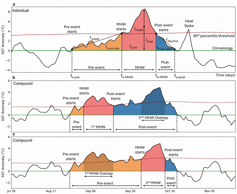 Marine heatwave events can occur distinct from or embedded within pre- and post-event phases, closely spaced MHWs forming compound events.