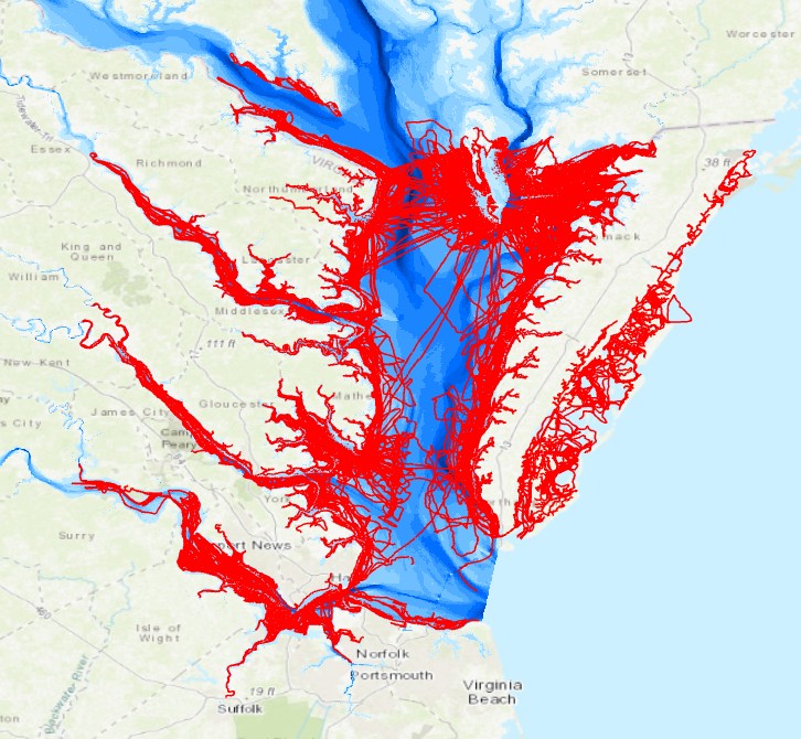 A boat track line map showing where bathymetry data was recorded by commercial fishers during derelict trap removal efforts in Virginia. Photo credit: CCRM.