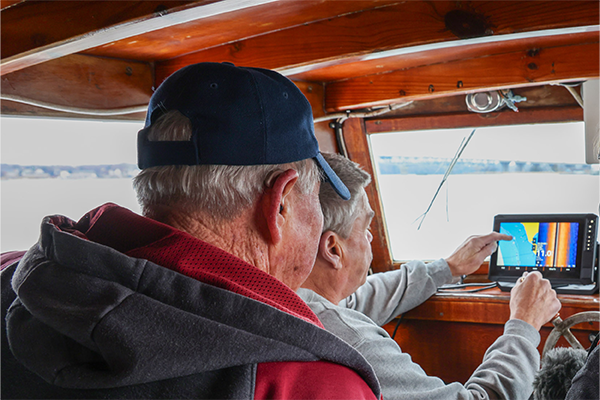 E.C. Hogg (front) and Ralph Bonniville (back) are TRAP participants who gather bathymetric data. Photo credit: John Wallace.