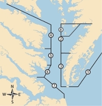 A map with numerical labels showing the route of Virginia's Oyster Trail.