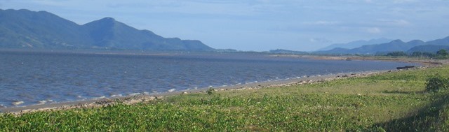 Landscape photo of beach in Brazil with coastal marshland in the foreground and large mountains in the background
