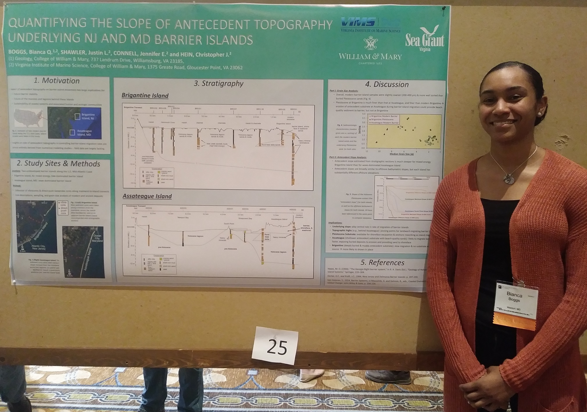 Bianca Boggs smiles in front of research presentation poster at conference