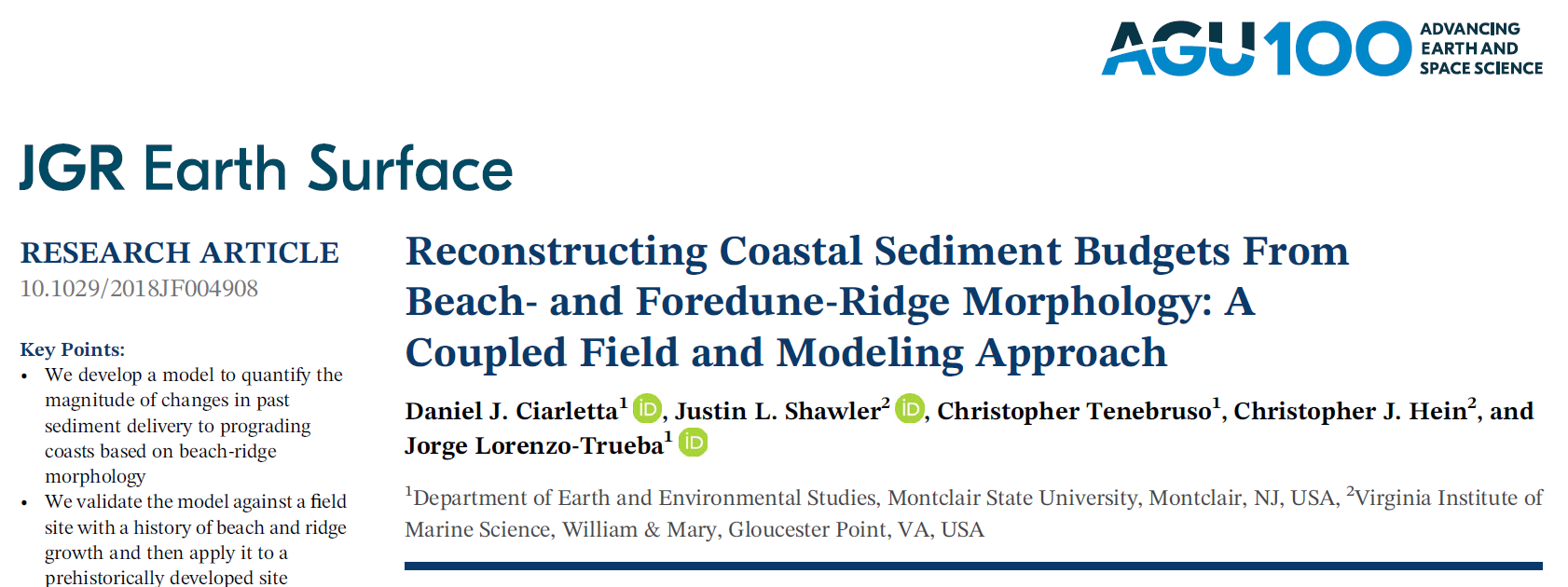 Screenshot image of the top section of Ciarletta, et al. 2019 publication in JGR Earth Science