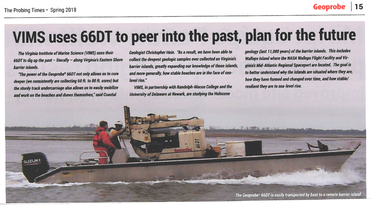 First blurb of text from The Probing Times article "VIMES uses 66DT to peer into past, plan for future," overlaying photograph of two VIMS scientists transporting 66DT drill rig through coastal waters on small boat.