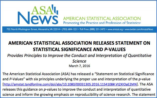 Link to article titled 'Americian Statistical Association Releases Statement on Statistical Significance and P-values - Provides Principles to Improve the Conduct and Interpretation of Quantitative Science' (2016-03-07)