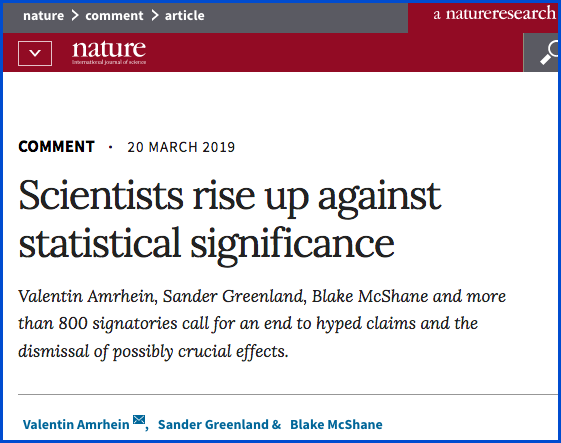 Link to article titled 'Scientists rise up against statistical significance' from the journal Nature (2019)