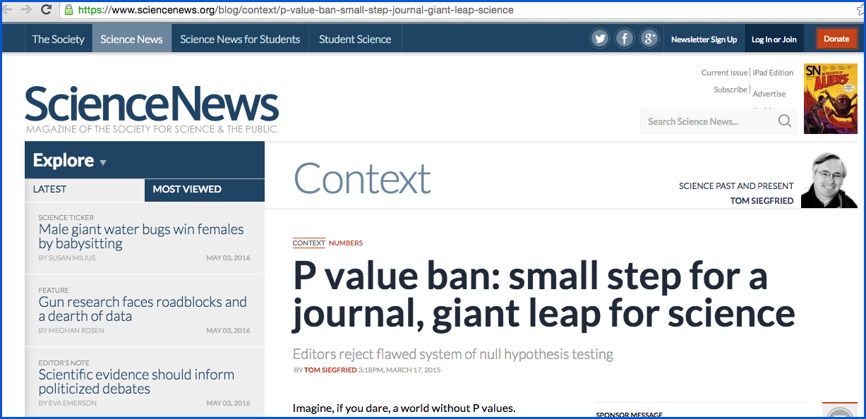 Link to article titled 'P value ban: small step for a journal, giant leap for science - Editors reject flawed system of null hypothesis testing' from Science News (2015)