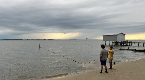 Two scientists pull a seine net in the Rappahannock River