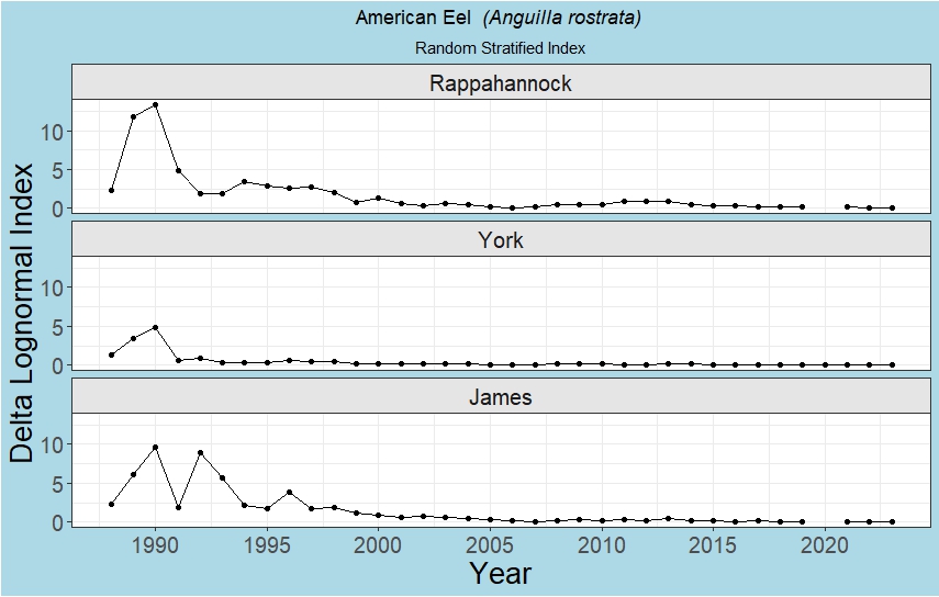 American Eel index of abundance figure. Each graph shows American Eel annual indices of abundance for the Rappahannock River (top), York River (middle), and James River (bottom) from 1988 to 2023.