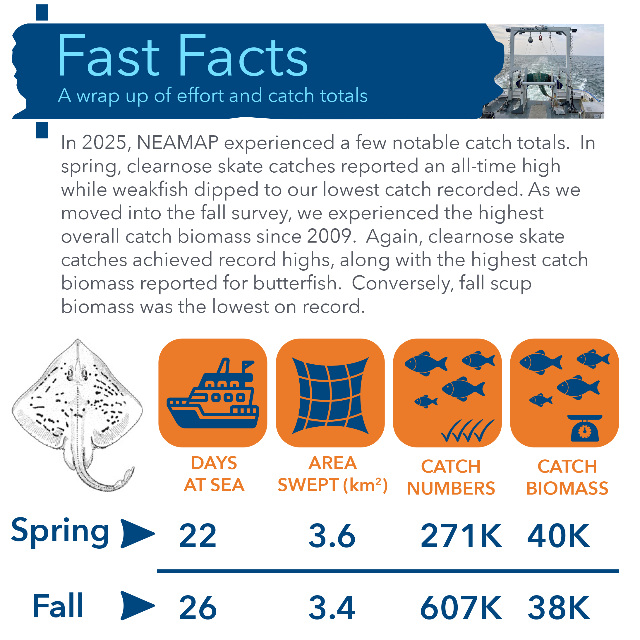 Fast Facts: a wrap up of effort and catch totals with informational text and table on days at sea, area swept, catch numbers, and catch biomass for spring and fall