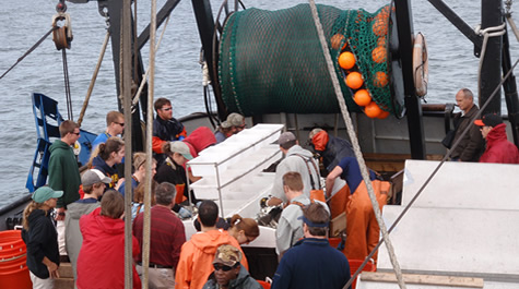 NEAMAP demonstration tow: people crowded onto the deck of the Fishing Vessel Darana R